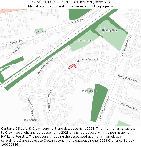 47, WILTSHIRE CRESCENT, BASINGSTOKE, RG22 5FD: Location map and indicative extent of plot