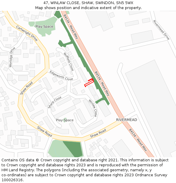 47, WINLAW CLOSE, SHAW, SWINDON, SN5 5WX: Location map and indicative extent of plot