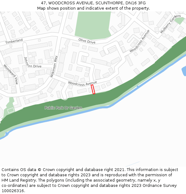 47, WOODCROSS AVENUE, SCUNTHORPE, DN16 3FG: Location map and indicative extent of plot