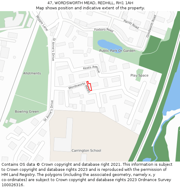 47, WORDSWORTH MEAD, REDHILL, RH1 1AH: Location map and indicative extent of plot