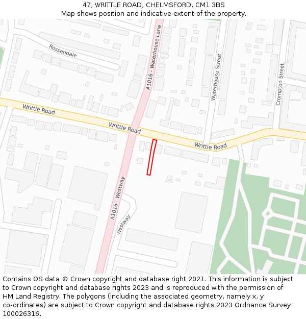 47, WRITTLE ROAD, CHELMSFORD, CM1 3BS: Location map and indicative extent of plot