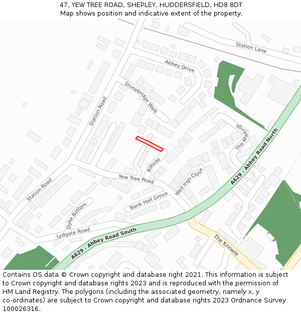 47, YEW TREE ROAD, SHEPLEY, HUDDERSFIELD, HD8 8DT: Location map and indicative extent of plot