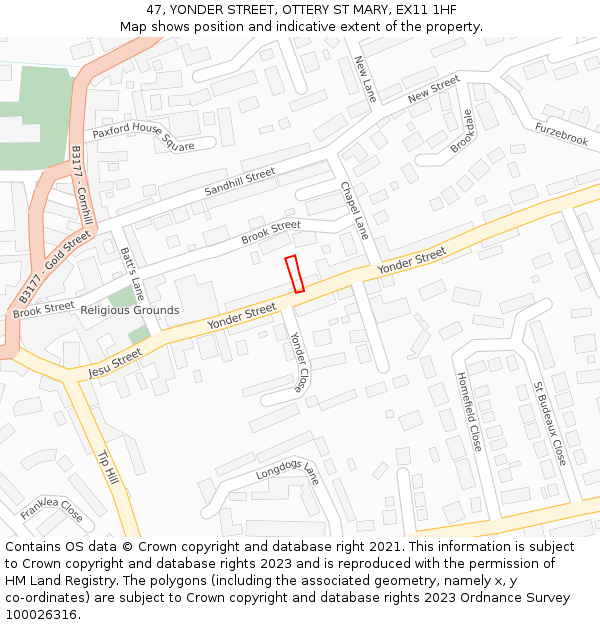 47, YONDER STREET, OTTERY ST MARY, EX11 1HF: Location map and indicative extent of plot