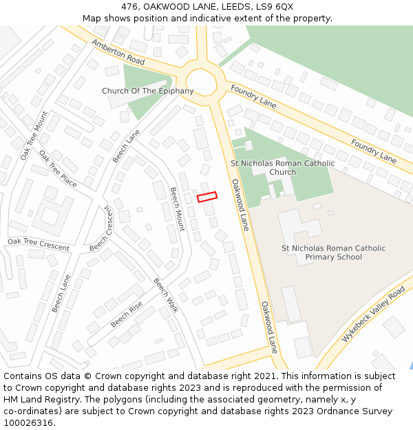 476, OAKWOOD LANE, LEEDS, LS9 6QX: Location map and indicative extent of plot