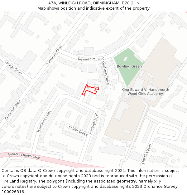 47A, WINLEIGH ROAD, BIRMINGHAM, B20 2HN: Location map and indicative extent of plot