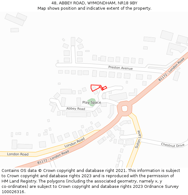 48, ABBEY ROAD, WYMONDHAM, NR18 9BY: Location map and indicative extent of plot