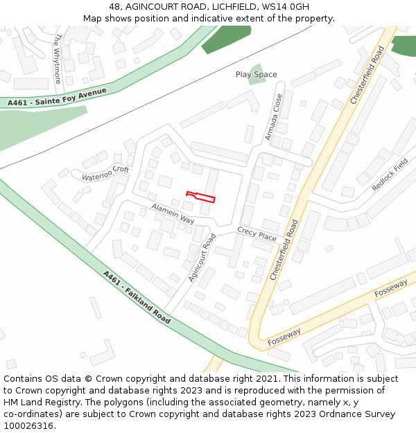 48, AGINCOURT ROAD, LICHFIELD, WS14 0GH: Location map and indicative extent of plot