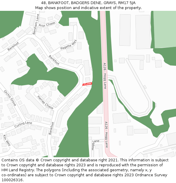 48, BANKFOOT, BADGERS DENE, GRAYS, RM17 5JA: Location map and indicative extent of plot