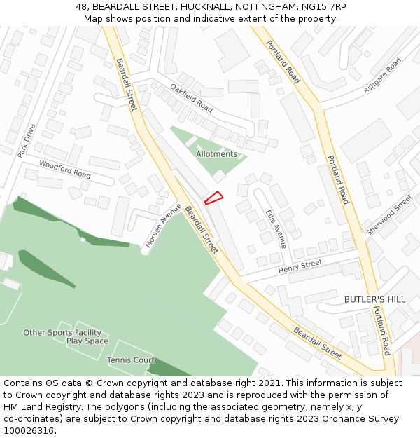 48, BEARDALL STREET, HUCKNALL, NOTTINGHAM, NG15 7RP: Location map and indicative extent of plot