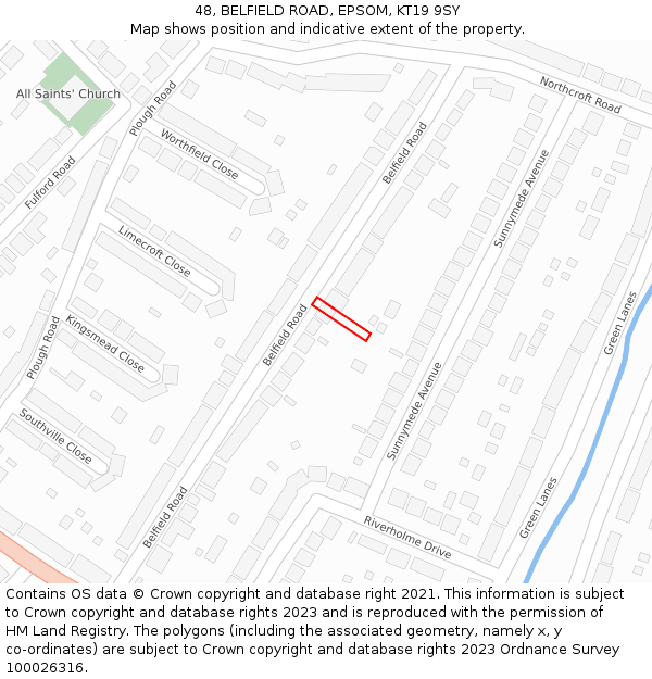 48, BELFIELD ROAD, EPSOM, KT19 9SY: Location map and indicative extent of plot