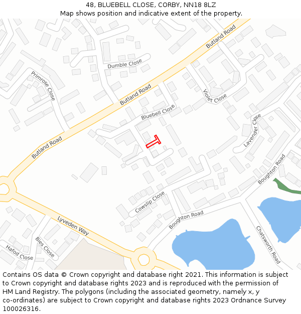 48, BLUEBELL CLOSE, CORBY, NN18 8LZ: Location map and indicative extent of plot