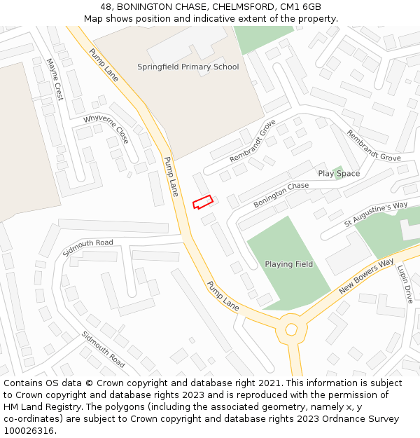 48, BONINGTON CHASE, CHELMSFORD, CM1 6GB: Location map and indicative extent of plot