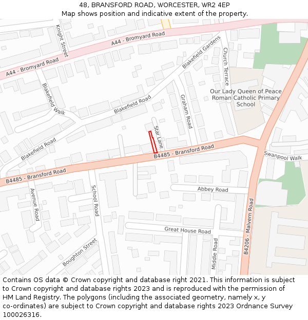 48, BRANSFORD ROAD, WORCESTER, WR2 4EP: Location map and indicative extent of plot