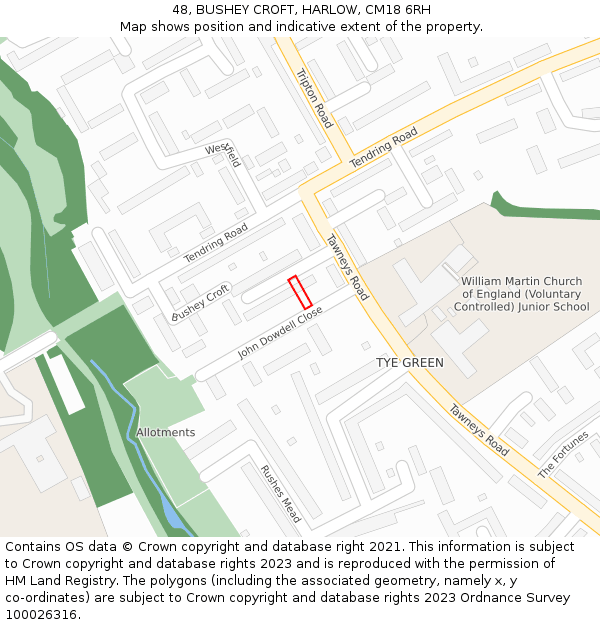 48, BUSHEY CROFT, HARLOW, CM18 6RH: Location map and indicative extent of plot