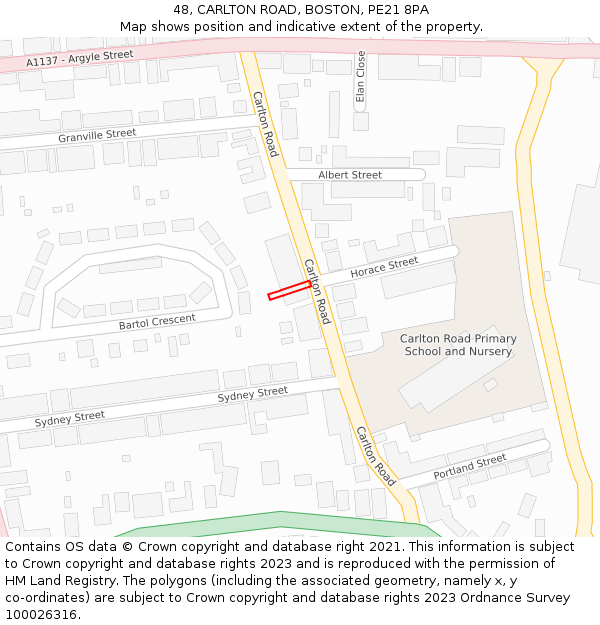 48, CARLTON ROAD, BOSTON, PE21 8PA: Location map and indicative extent of plot