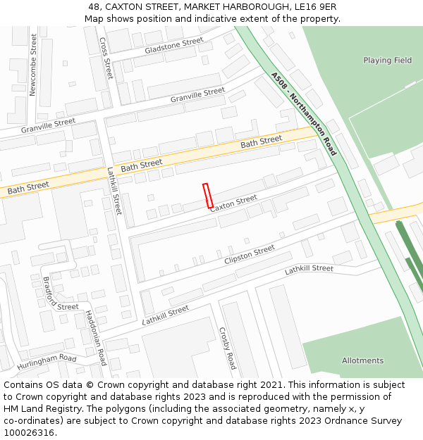 48, CAXTON STREET, MARKET HARBOROUGH, LE16 9ER: Location map and indicative extent of plot