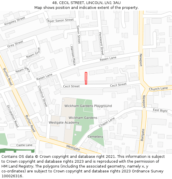 48, CECIL STREET, LINCOLN, LN1 3AU: Location map and indicative extent of plot