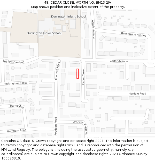 48, CEDAR CLOSE, WORTHING, BN13 2JA: Location map and indicative extent of plot