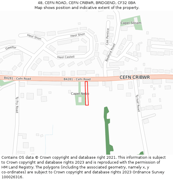 48, CEFN ROAD, CEFN CRIBWR, BRIDGEND, CF32 0BA: Location map and indicative extent of plot