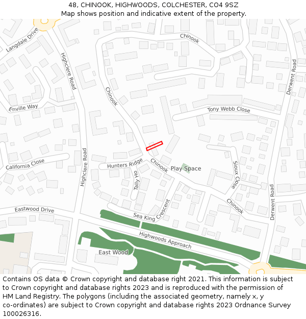 48, CHINOOK, HIGHWOODS, COLCHESTER, CO4 9SZ: Location map and indicative extent of plot
