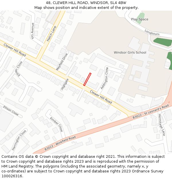 48, CLEWER HILL ROAD, WINDSOR, SL4 4BW: Location map and indicative extent of plot