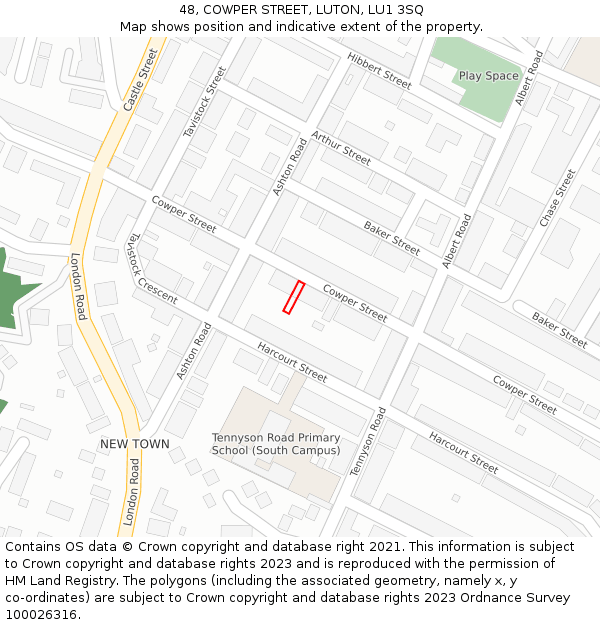 48, COWPER STREET, LUTON, LU1 3SQ: Location map and indicative extent of plot