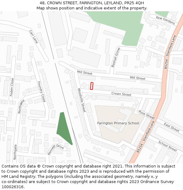 48, CROWN STREET, FARINGTON, LEYLAND, PR25 4QH: Location map and indicative extent of plot