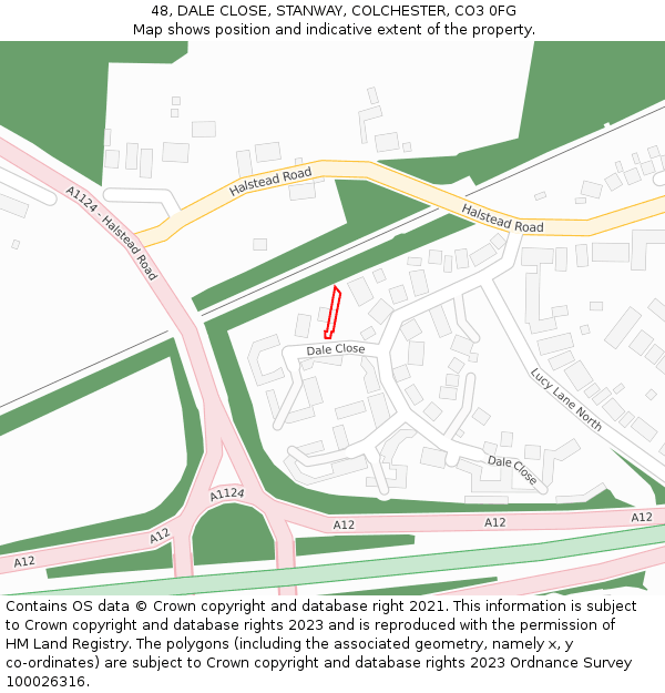48, DALE CLOSE, STANWAY, COLCHESTER, CO3 0FG: Location map and indicative extent of plot
