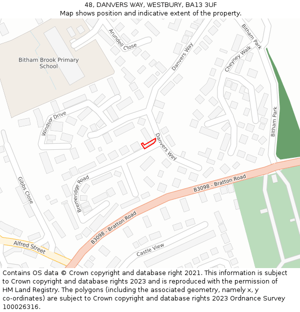 48, DANVERS WAY, WESTBURY, BA13 3UF: Location map and indicative extent of plot
