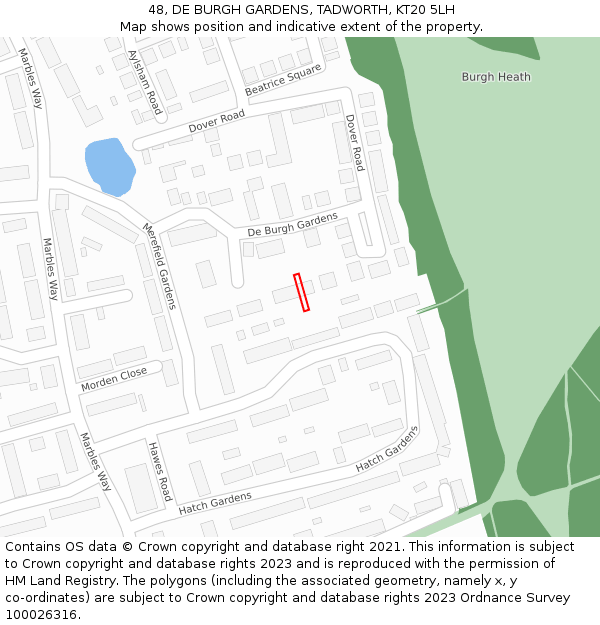 48, DE BURGH GARDENS, TADWORTH, KT20 5LH: Location map and indicative extent of plot