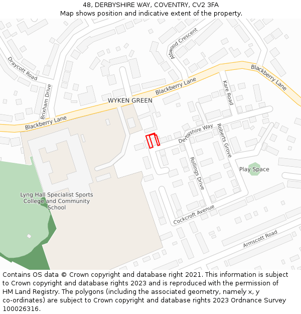 48, DERBYSHIRE WAY, COVENTRY, CV2 3FA: Location map and indicative extent of plot