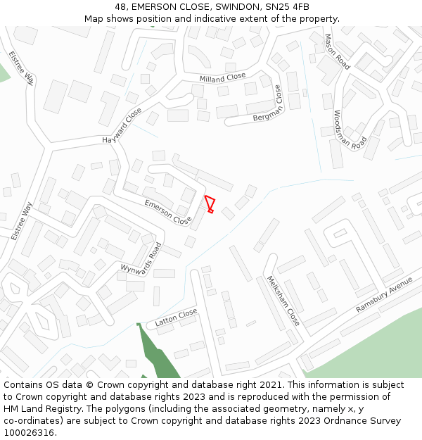 48, EMERSON CLOSE, SWINDON, SN25 4FB: Location map and indicative extent of plot