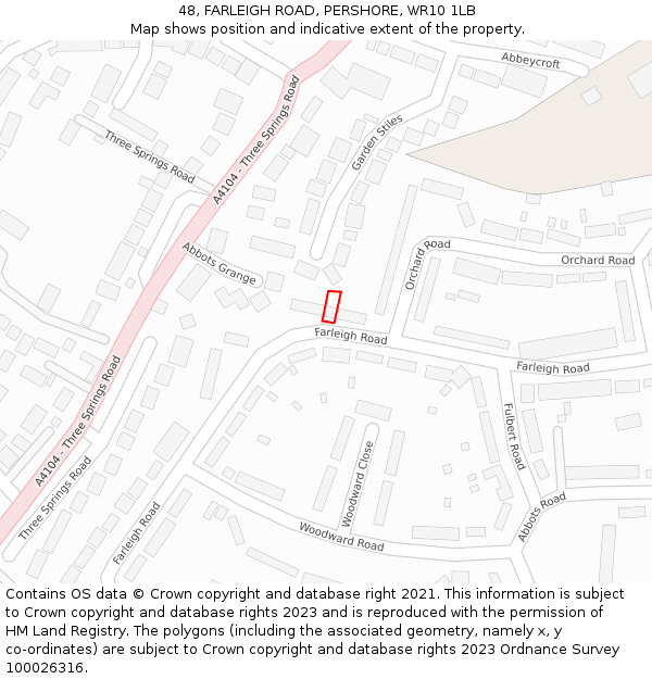 48, FARLEIGH ROAD, PERSHORE, WR10 1LB: Location map and indicative extent of plot