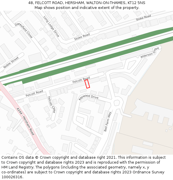 48, FELCOTT ROAD, HERSHAM, WALTON-ON-THAMES, KT12 5NS: Location map and indicative extent of plot