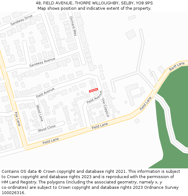 48, FIELD AVENUE, THORPE WILLOUGHBY, SELBY, YO8 9PS: Location map and indicative extent of plot