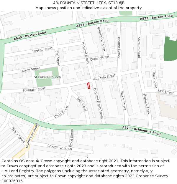 48, FOUNTAIN STREET, LEEK, ST13 6JR: Location map and indicative extent of plot