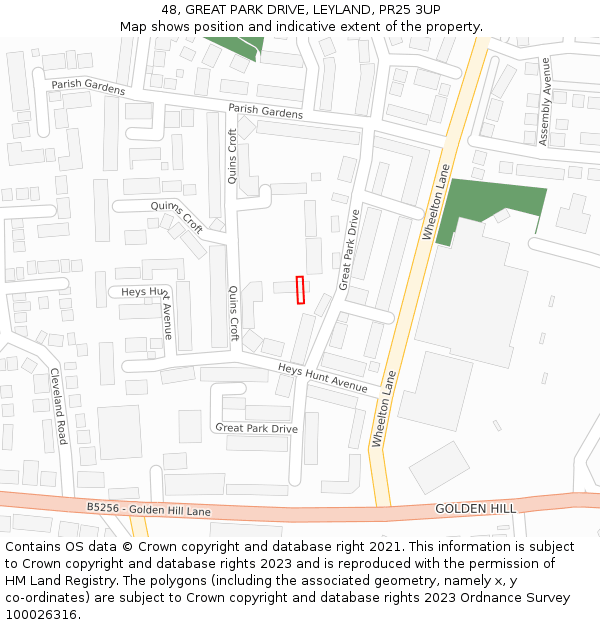 48, GREAT PARK DRIVE, LEYLAND, PR25 3UP: Location map and indicative extent of plot