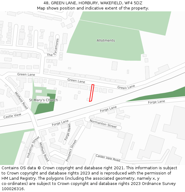 48, GREEN LANE, HORBURY, WAKEFIELD, WF4 5DZ: Location map and indicative extent of plot