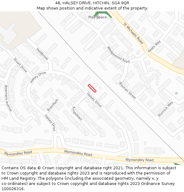 48, HALSEY DRIVE, HITCHIN, SG4 9QR: Location map and indicative extent of plot