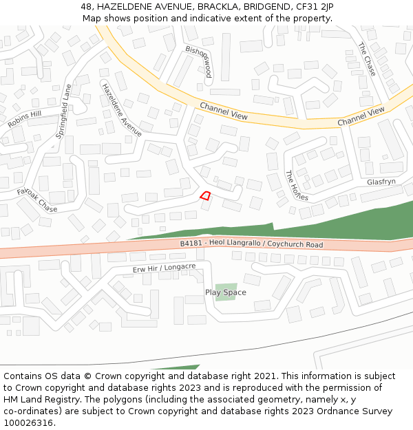 48, HAZELDENE AVENUE, BRACKLA, BRIDGEND, CF31 2JP: Location map and indicative extent of plot