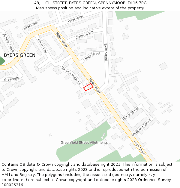 48, HIGH STREET, BYERS GREEN, SPENNYMOOR, DL16 7PG: Location map and indicative extent of plot