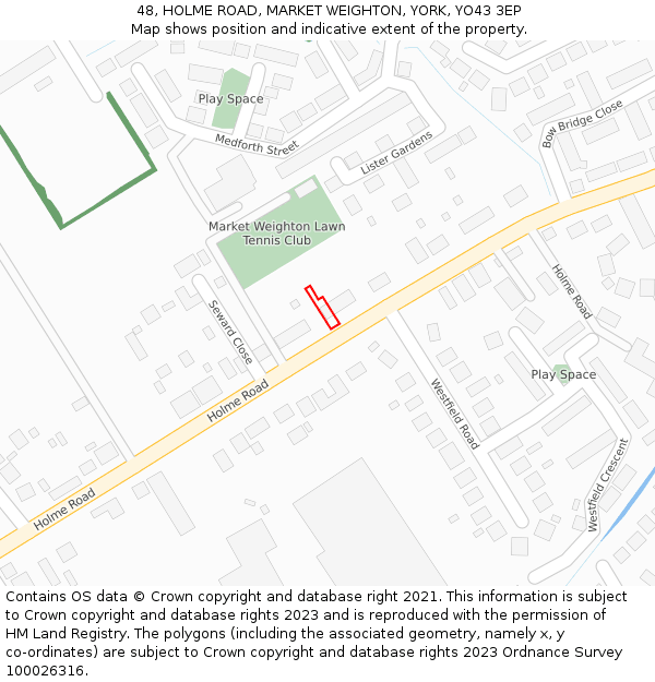 48, HOLME ROAD, MARKET WEIGHTON, YORK, YO43 3EP: Location map and indicative extent of plot