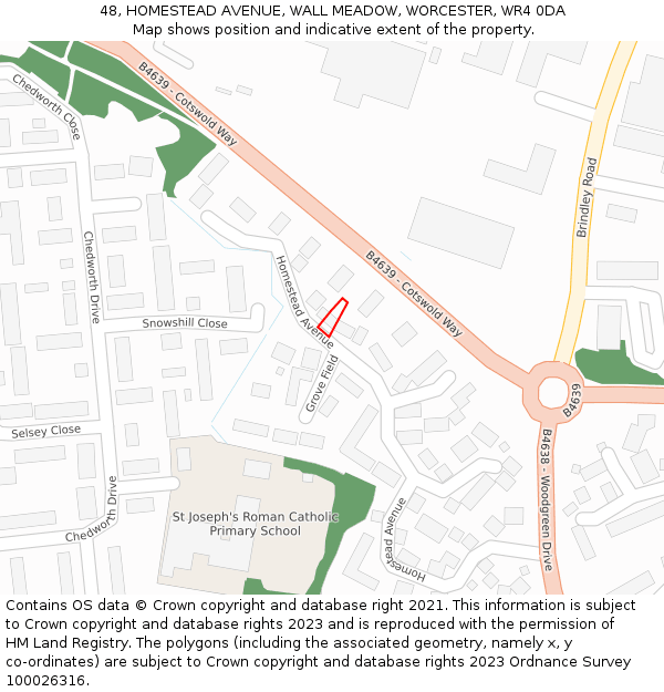 48, HOMESTEAD AVENUE, WALL MEADOW, WORCESTER, WR4 0DA: Location map and indicative extent of plot