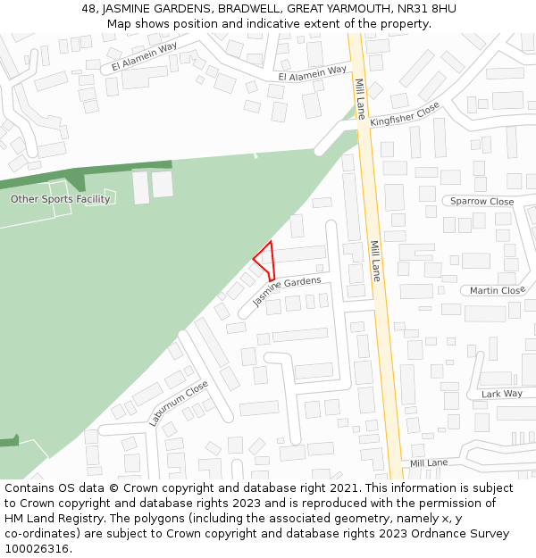 48, JASMINE GARDENS, BRADWELL, GREAT YARMOUTH, NR31 8HU: Location map and indicative extent of plot