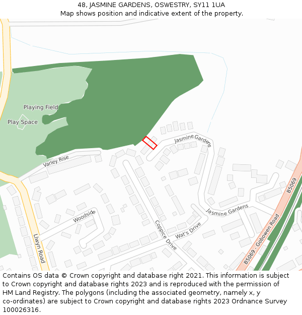 48, JASMINE GARDENS, OSWESTRY, SY11 1UA: Location map and indicative extent of plot