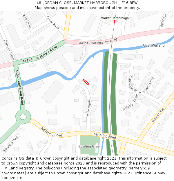 48, JORDAN CLOSE, MARKET HARBOROUGH, LE16 8EW: Location map and indicative extent of plot