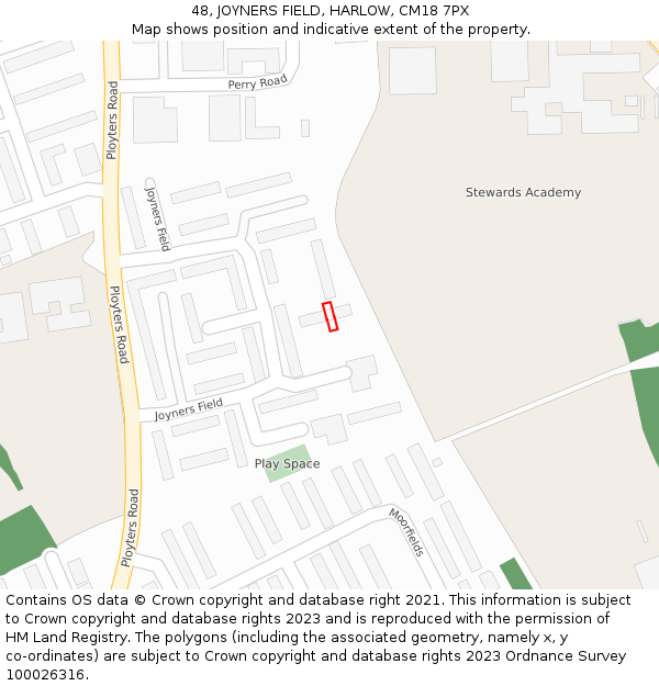 48, JOYNERS FIELD, HARLOW, CM18 7PX: Location map and indicative extent of plot
