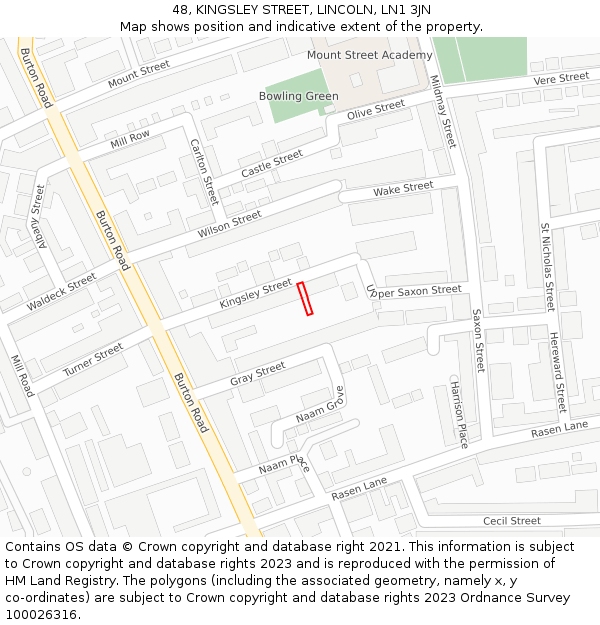 48, KINGSLEY STREET, LINCOLN, LN1 3JN: Location map and indicative extent of plot