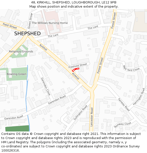 48, KIRKHILL, SHEPSHED, LOUGHBOROUGH, LE12 9PB: Location map and indicative extent of plot