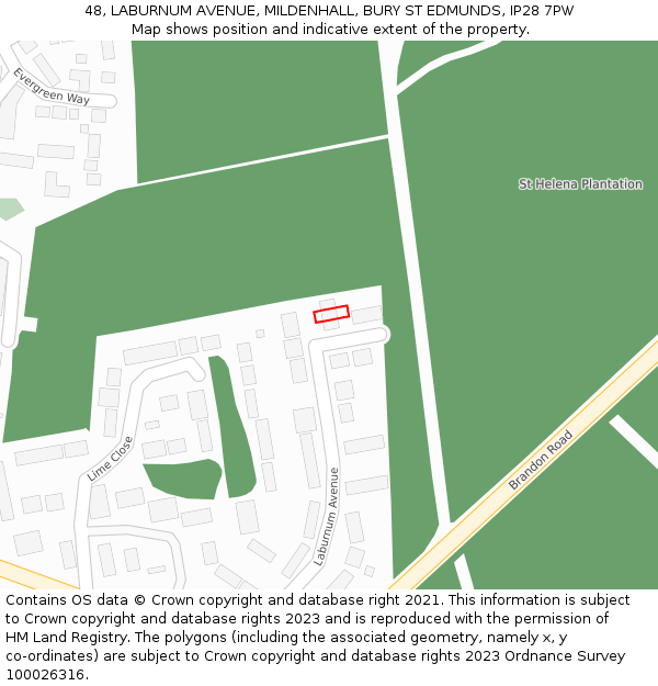 48, LABURNUM AVENUE, MILDENHALL, BURY ST EDMUNDS, IP28 7PW: Location map and indicative extent of plot